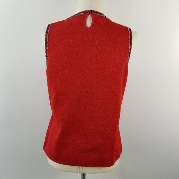 Essentials Red Sleeveless Silk Blend Embellished Rhinestones Beads Top EUC LG - Picture 4 of 9